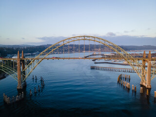 Aerial View of the Yaquina Bay Bridge in Newport on the Oregon Coast at Sunset