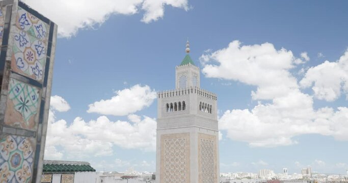 Isolated view of the ornate patterned minaret of Ez Zitouna Mosque (Great Mosque) in Tunis, Tunisia.