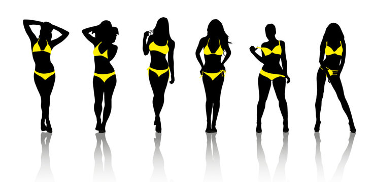 Six women silhouette in yellow bikini on white background
