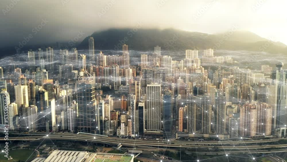 Poster Futuristic digital fintech network of city, cloud computing or 5g big data for information technology, cyber security or AI. Technology abstract, global iot analytics or 3d future automation hologram
