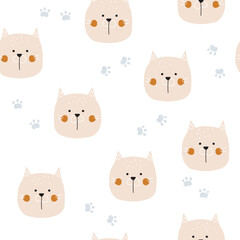 Seamless pattern with cats and paws. Childish pastel print. Vector hand drawn illustration.