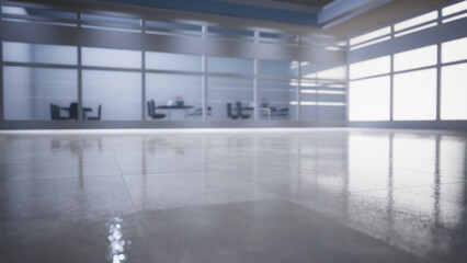 empty office space with large window, glass walls and  background at sunrise with open clean room to work. 3D Rendering 