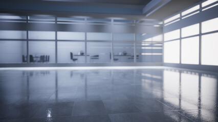 empty office space with large window, glass walls and  background at sunrise with open clean room to work. 3D Rendering 
