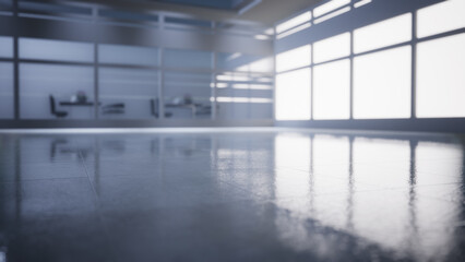 empty office space with large window, glass walls and  background at sunrise with open clean room to work. 3D Rendering 