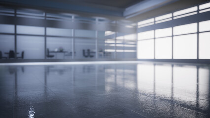 Fototapeta na wymiar empty office space with large window, glass walls and background at sunrise with open clean room to work. 3D Rendering 
