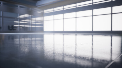 empty office space with large window, glass walls and  background at sunrise with open clean room to work. 3D Rendering 