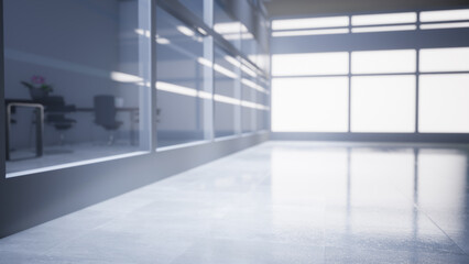 empty office space with large window, glass walls and  background at sunrise with open clean room to work. 3D Rendering 