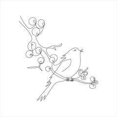 A cute bird sits on a branch with rowan berries drawn in doodle style. Sketch. Continuous line drawing art. Vector illustration.