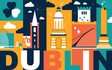 Fototapeta premium Typography word Dublin branding technology concept. Culture travel set, famous architectures, lat design. Ireland Business travel, tourism idea. Image for presentation, banner, web, split video screen