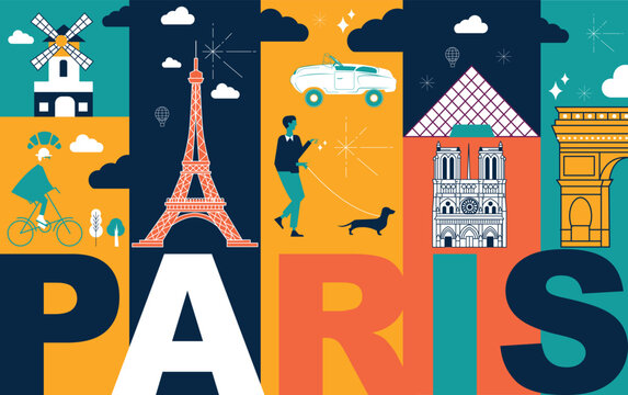 Typography Word Paris Branding Technology Concept. Culture Travel Set, Famous Architectures, Lat Design. French Business Travel, Tourism Idea. Image For Presentation, Banner, Web, Split Video Screen