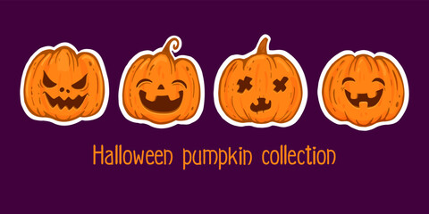 set of Halloween pumpkin isolated on purple background. Vintage Halloween pumpkins. Design elements for logo, poster, emblem. Vector illustration