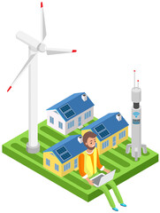 Man controls energy supply at home uses computer. Technology for remote controlling smart home system using Wi-Fi or Internet connection with laptop. Renewable sustainable building with solar panels