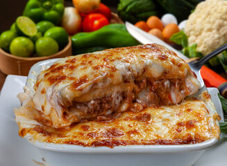 Lasagna Bolognese baked in the wood oven