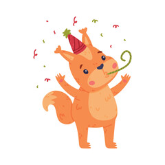 Funny Squirrel Character with Bushy Tail in Birthday Hat Blowing Whistle Vector Illustration