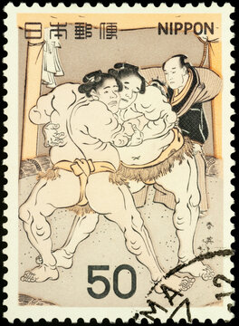 Fight between two sumo wrestlers, postage stamp