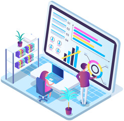 Business people communicating in office discuss statistics, analyze different charts and graphs. Financial accounting concept. Organization process, analytics, planning, report, market analysis