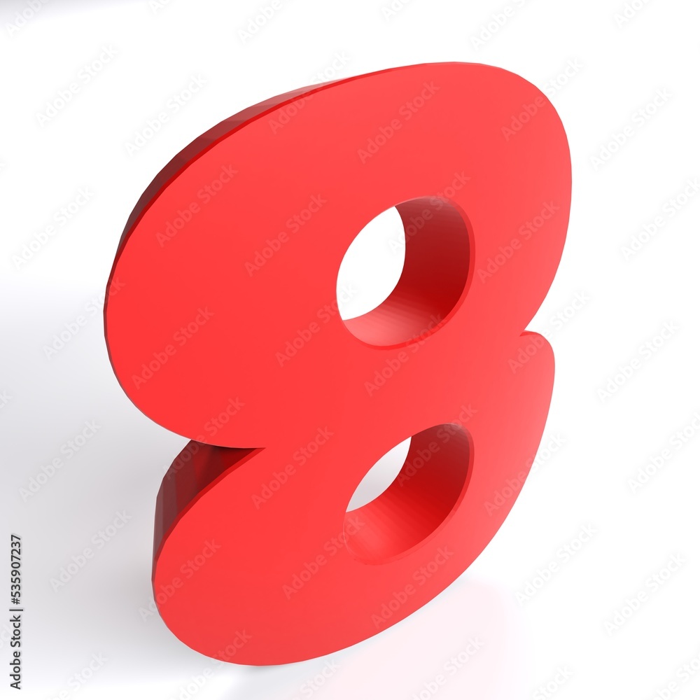 Poster number 8 in red color isolated on white background - 3d rendering illustration