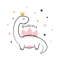 Dinosaur girl princess cute vector illustration. Dino cartoon baby print