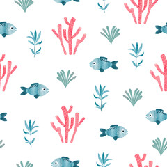 Seamless sea fish pattern. Underwater life background. Watercolor fish and seaweeds vector illustration
