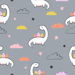 Seamless colorful childish pattern with cute dinosaurs. Vector baby illustration