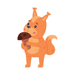 Funny Squirrel Character with Bushy Tail Holding Mushroom Vector Illustration