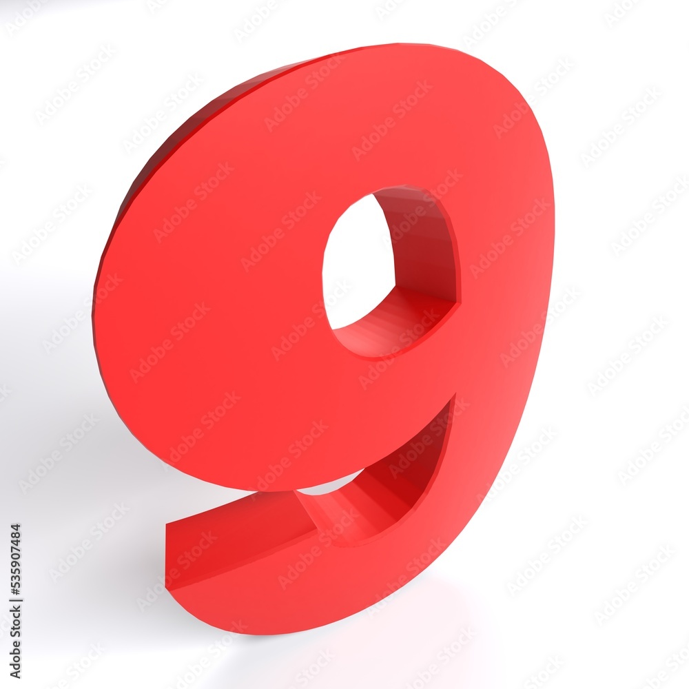 Poster number 9 in red color isolated on white background - 3d rendering illustration