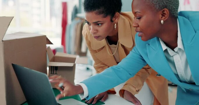 Startup, fashion designer and business women on laptop in fashion studio. Black women checking stock, products and designs on their computer for their small business in ecommerce, delivery and retail
