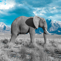 Fototapeta na wymiar african elephant is standing up in plains and mountains side view