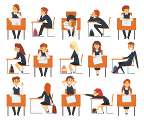 Boy and Girl Pupil or Student Sitting at Desk Having School Lesson Big Vector Set