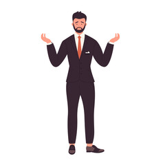 Confused standing businessman. Perplexed manager with raised hands vector illustration
