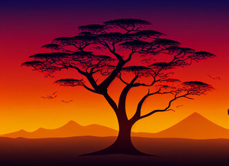 View of the African savannah with baobab, African vegetation, and sunset