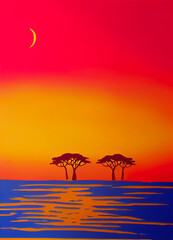 Fototapeta na wymiar View of the African savanna with baobab tree and water area as a minimalist oasis