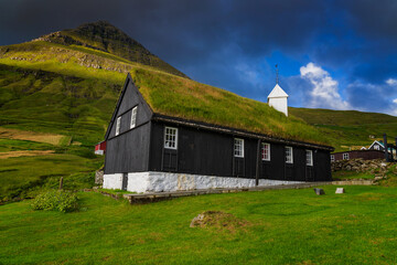 Fototapeta na wymiar Funningur is a village on the Faroe Islands. It is located on the northwest coast of Eysturoy 