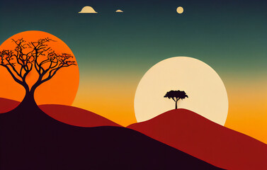 African wilderness at sunset, with baobab