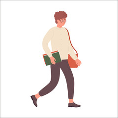 Nerd boy student in a rush. Geek teenager student being late vector illustration