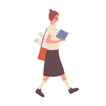 Walking nerd girl holding book. Geek female student reading and learning vector illustration