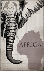 Antique map of Africa with an African elephant, the continent and the title Africa, for poster or decoration