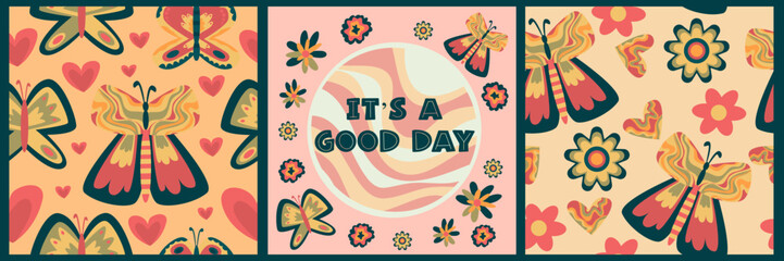 Retro boho poster set with butterfly hippie. Vintage 70s background. Hippie print illustration. Rainbow 60s, 70s, groovy vector.