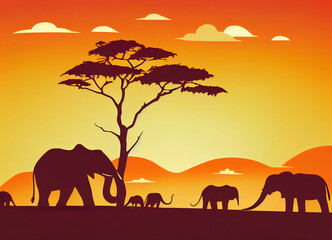 Naklejka na ściany i meble African wild landscape with African elephant silhouettes, wildlife, and orange sunset
