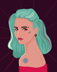 Detailed female portrait. Hipster young woman with green hair, funky makeup and piercings. Modern times witch. 