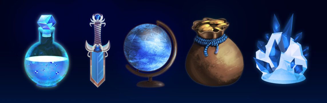 A set of fantasy props. A dagger, a globe, a stone with crystals, a bag with antique gold coins, a bottle with an ice potion. Game icons, interface elements. Concept art of magical objects on a dark.
