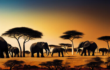Fototapeta na wymiar African wild landscape with elephants in the savannah, fauna and flora, for safari parks or reserve
