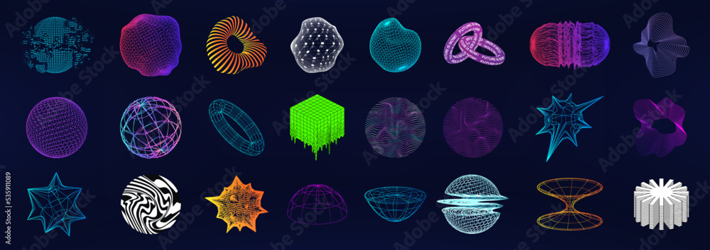 Poster Memphis and retrofuturistic 3D shapes set. Geometric objects, spheres, shapes, abstract elements with glitch, deformation and liquid effect. Vaporwave, synthwave, cyberpunk, retrofuturistic concept