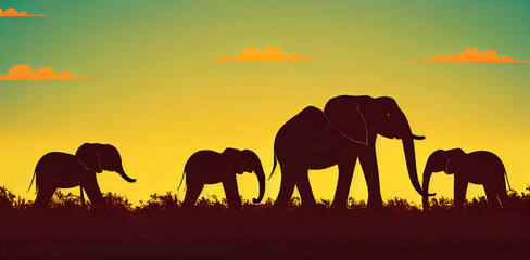 Fototapeta na wymiar Frieze of wild elephants in an African game reserve, fauna and flora, for safari in the savanna