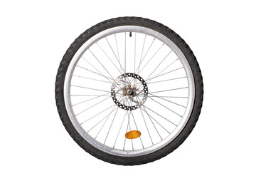 Bicycle wheel with spokes and rubber tire.