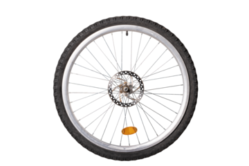 Bicycle wheel with spokes and rubber tire.
