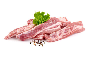 Pork fillet tenderloin with lettuce, raw meat, close-up, isolated on white background.