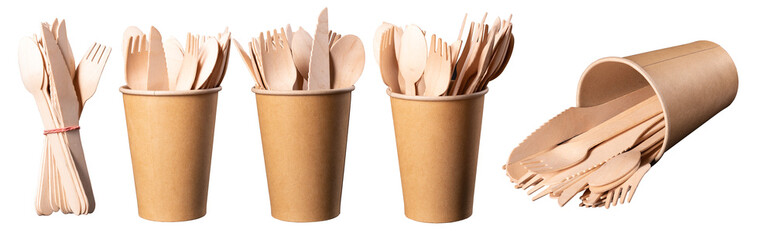 Wooden cutlery in a paper container for a drinking drink.