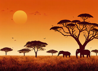 African wildlife reserve, fauna and flora, for safari in the savannah with two elephants