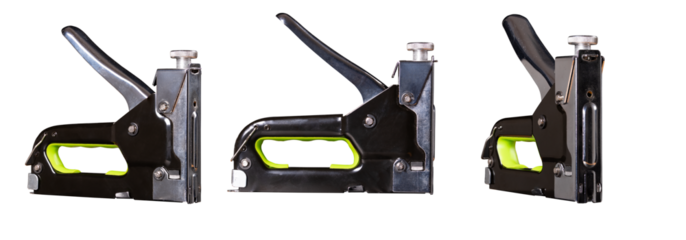 Upholstery stapler for joining fabric with wood.